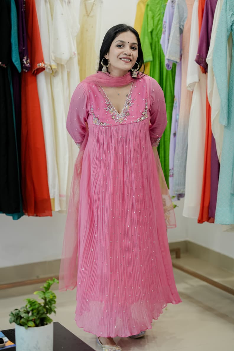 Handworked Pleated Kurta with Dupatta
